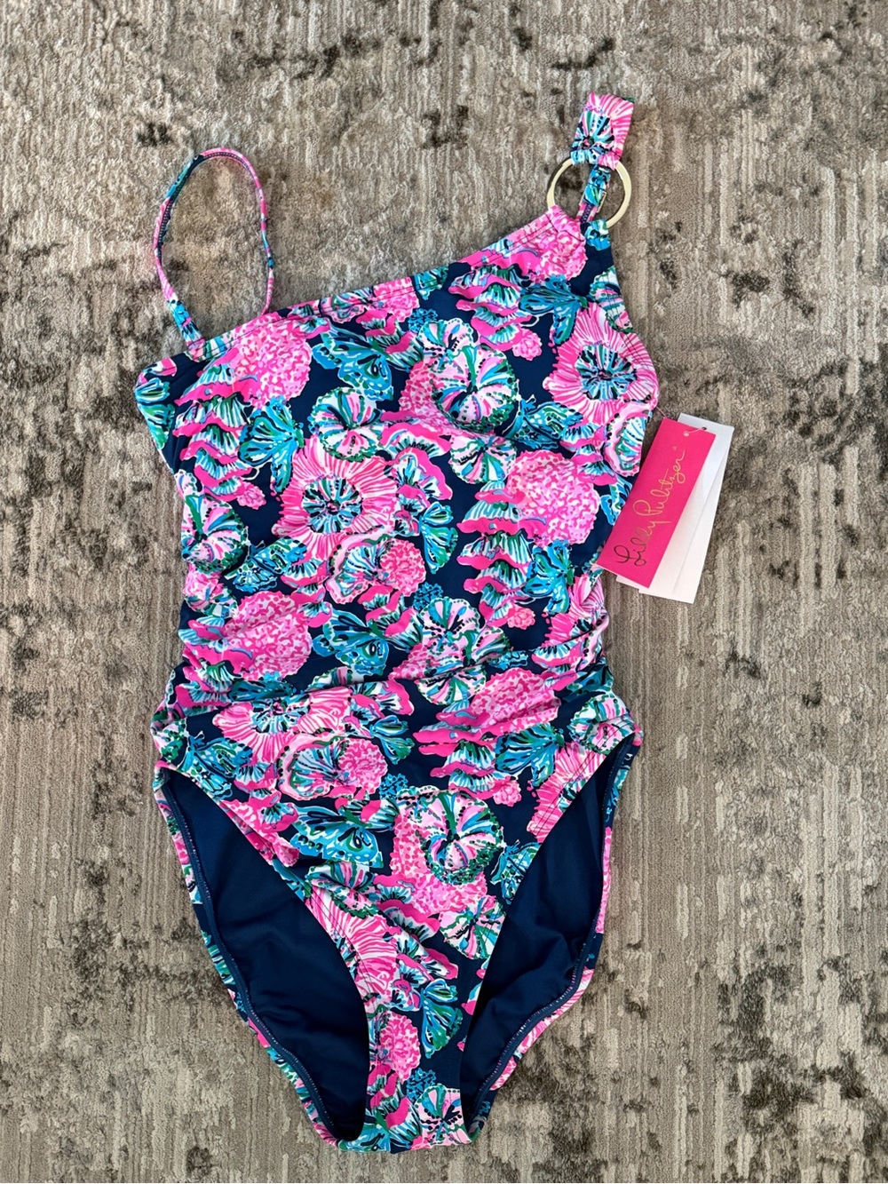 Lilly Pulitzer Navy One-Piece with Pink & Aqua Floral Motif